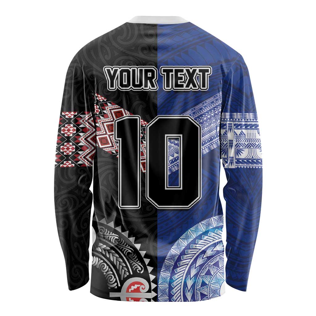 Custom Aotearoa and Samoa Rugby Long Sleeve Shirt Maori Warrior and Teuila Emblem-Tatau with Taniko Art