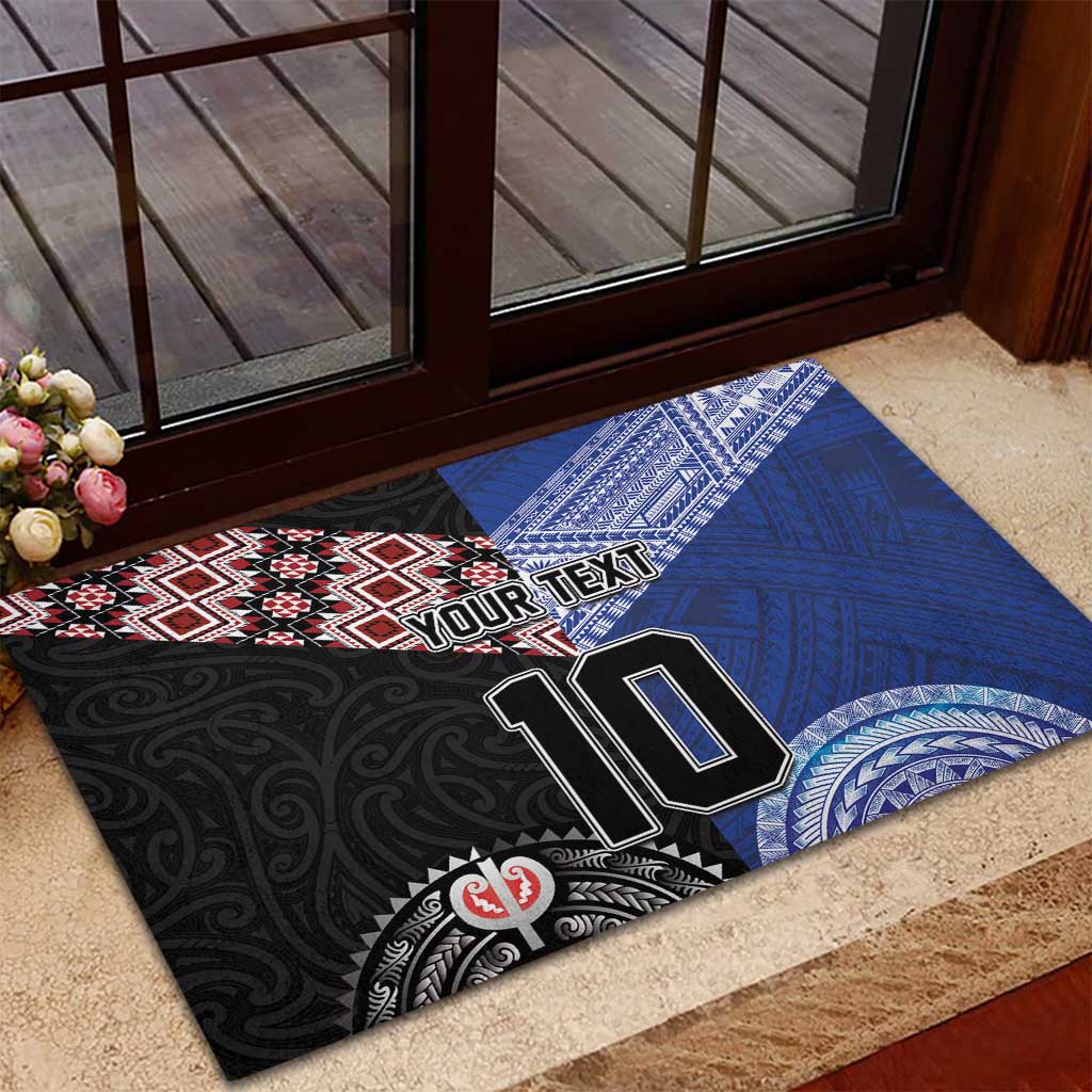 Custom Aotearoa and Samoa Rugby Rubber Doormat Maori Warrior and Teuila Emblem-Tatau with Taniko Art