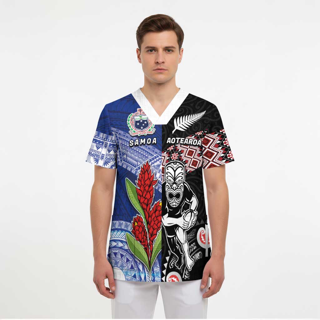 Custom Aotearoa and Samoa Rugby Scrub Top Maori Warrior and Teuila Emblem-Tatau with Taniko Art - Polynesian Pride