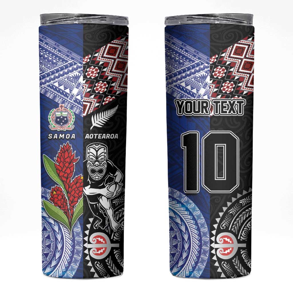 Custom Aotearoa and Samoa Rugby Skinny Tumbler Maori Warrior and Teuila Emblem-Tatau with Taniko Art LT03 Black - Polynesian Pride