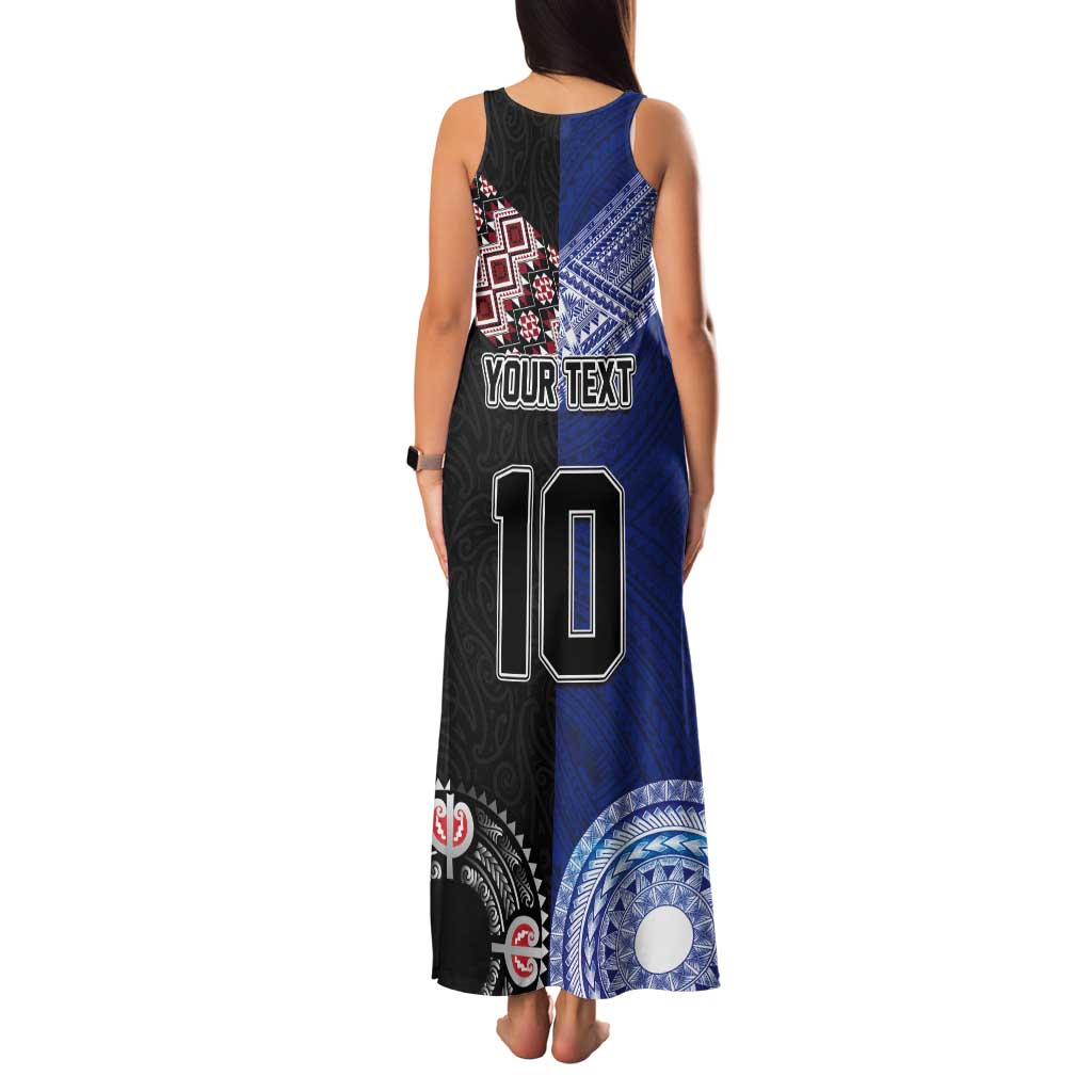 Custom Aotearoa and Samoa Rugby Tank Maxi Dress Maori Warrior and Teuila Emblem-Tatau with Taniko Art