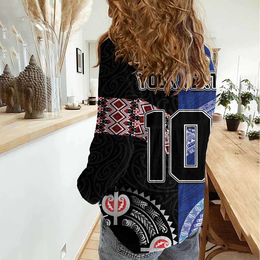 Custom Aotearoa and Samoa Rugby Women Casual Shirt Maori Warrior and Teuila Emblem-Tatau with Taniko Art
