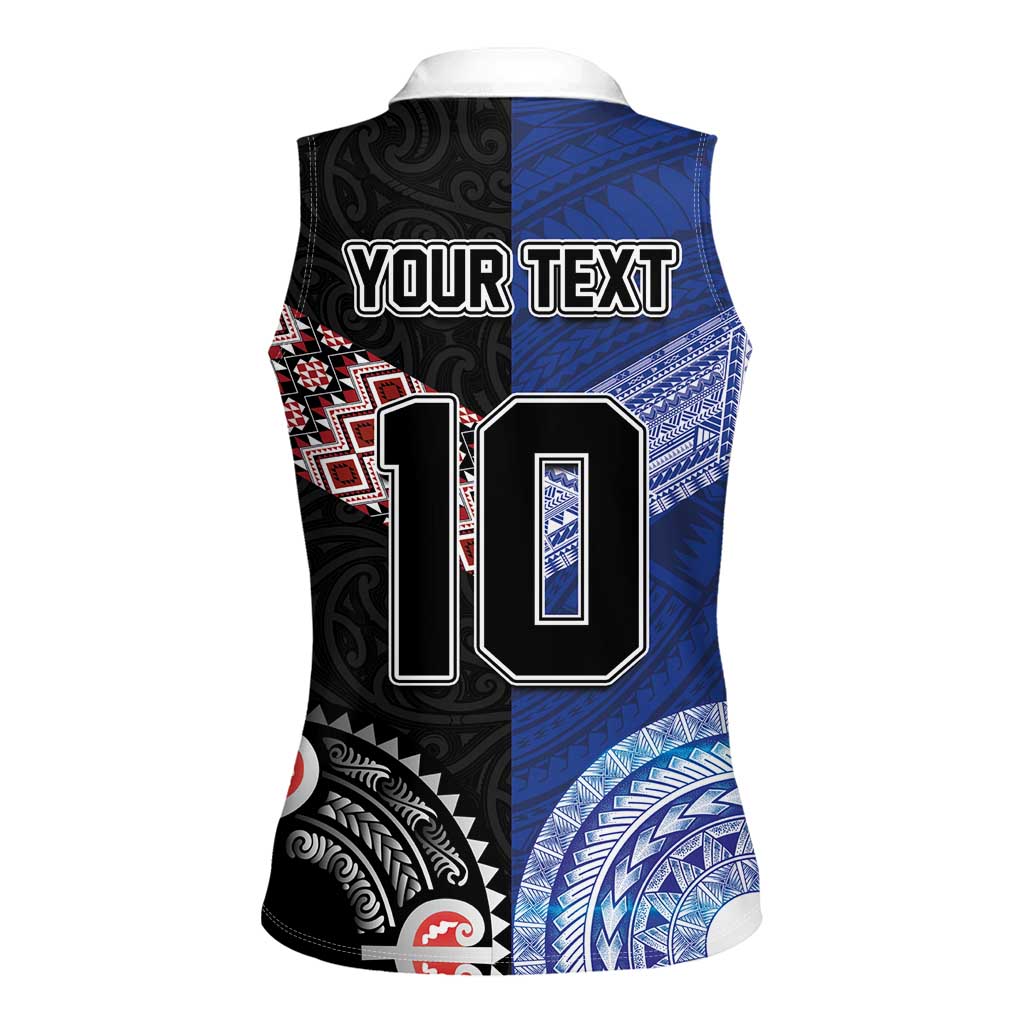 Custom Aotearoa and Samoa Rugby Women Sleeveless Polo Shirt Maori Warrior and Teuila Emblem-Tatau with Taniko Art