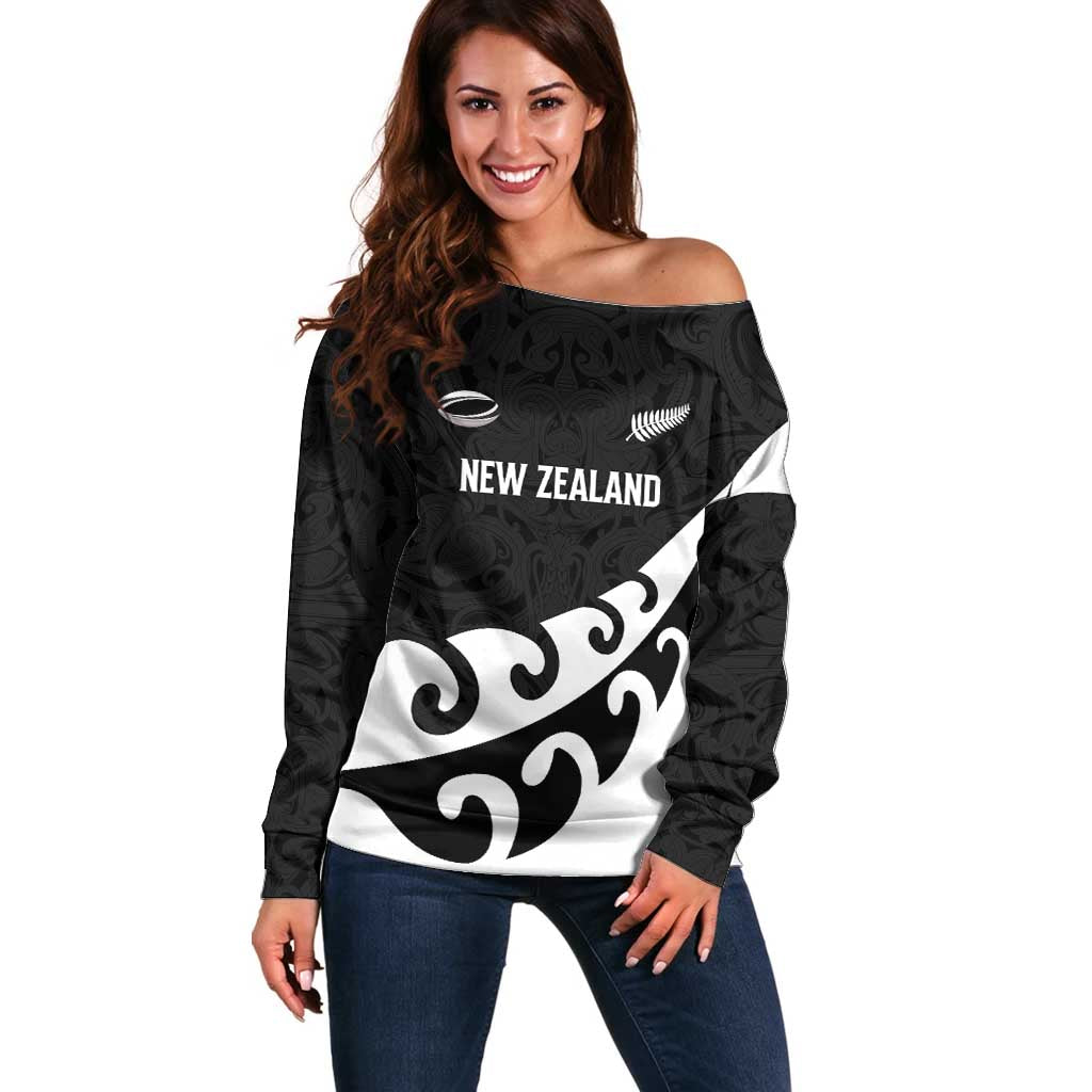 Custom NZ Rugby Off Shoulder Sweater Koru and Silver Fern Sporty Style