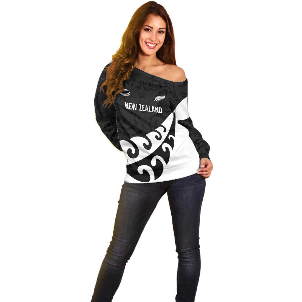 Custom NZ Rugby Off Shoulder Sweater Koru and Silver Fern Sporty Style