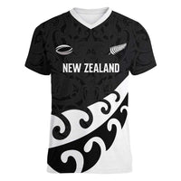 Custom NZ Rugby Women V-Neck T-Shirt Koru and Silver Fern Sporty Style