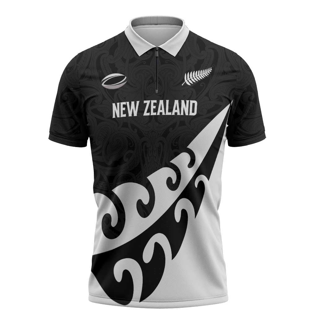 Custom NZ Rugby Zipper Polo Shirt Koru and Silver Fern Sporty Style