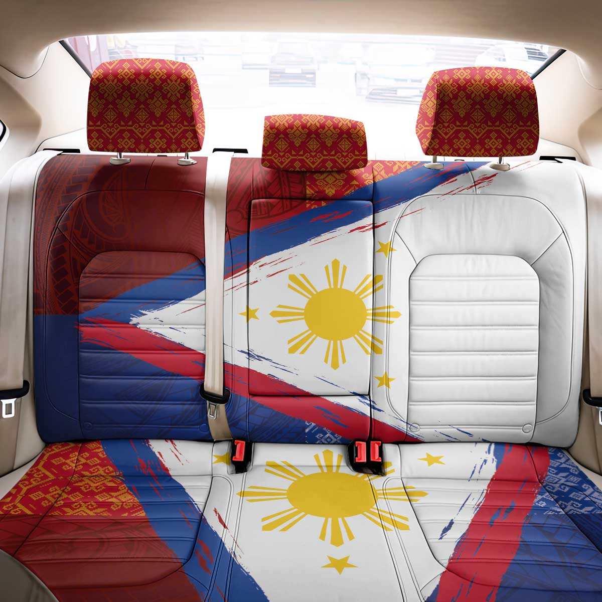 Philippines National Flag Day Back Car Seat Cover Polynesian and Yakan Tattoo Brush Style