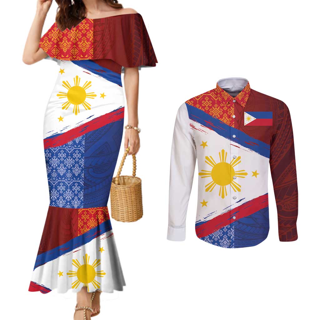 Philippines National Flag Day Couples Matching Mermaid Dress and Long Sleeve Button Shirt Polynesian and Yakan Tattoo Brush Style