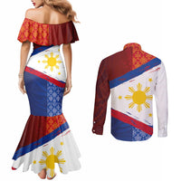 Philippines National Flag Day Couples Matching Mermaid Dress and Long Sleeve Button Shirt Polynesian and Yakan Tattoo Brush Style