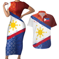 Philippines National Flag Day Couples Matching Short Sleeve Bodycon Dress and Hawaiian Shirt Polynesian and Yakan Tattoo Brush Style