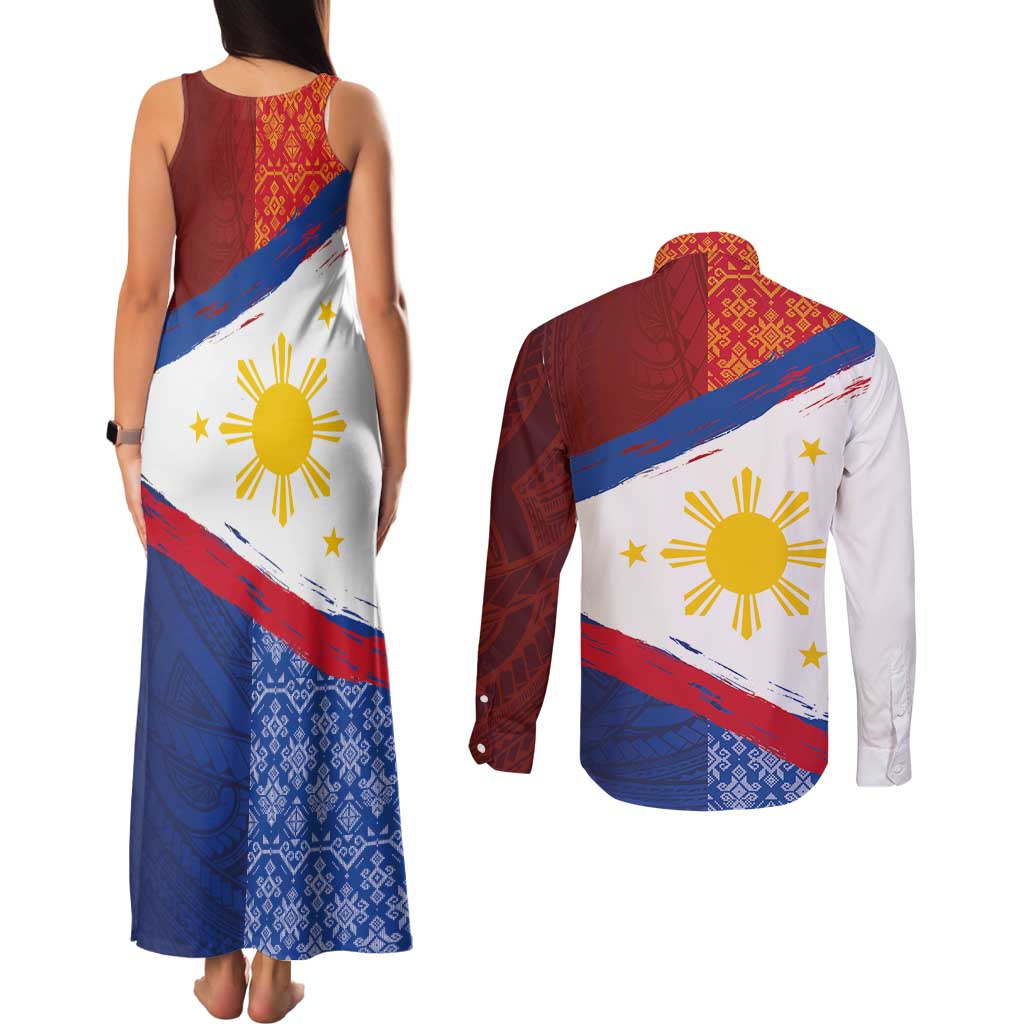 Philippines National Flag Day Couples Matching Tank Maxi Dress and Long Sleeve Button Shirt Polynesian and Yakan Tattoo Brush Style