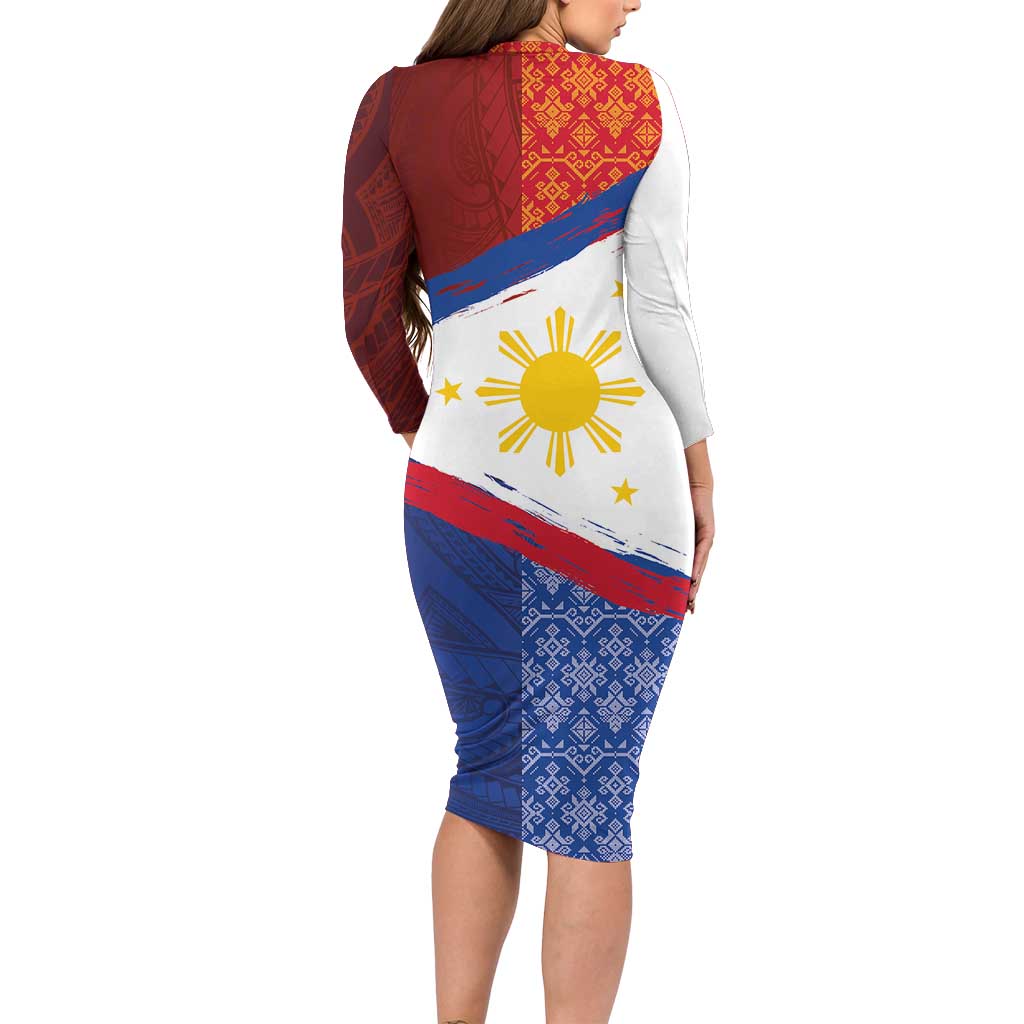 Philippines National Flag Day Family Matching Long Sleeve Bodycon Dress and Hawaiian Shirt Polynesian and Yakan Tattoo Brush Style