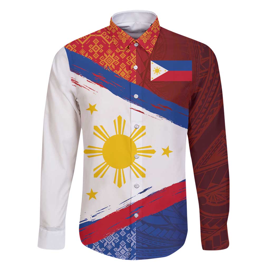 Philippines National Flag Day Family Matching Off Shoulder Short Dress and Hawaiian Shirt Polynesian and Yakan Tattoo Brush Style
