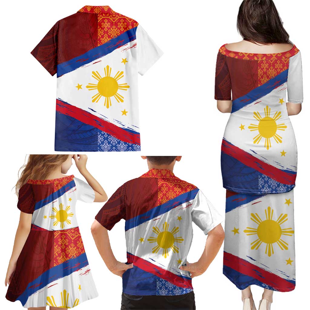 Philippines National Flag Day Family Matching Puletasi and Hawaiian Shirt Polynesian and Yakan Tattoo Brush Style
