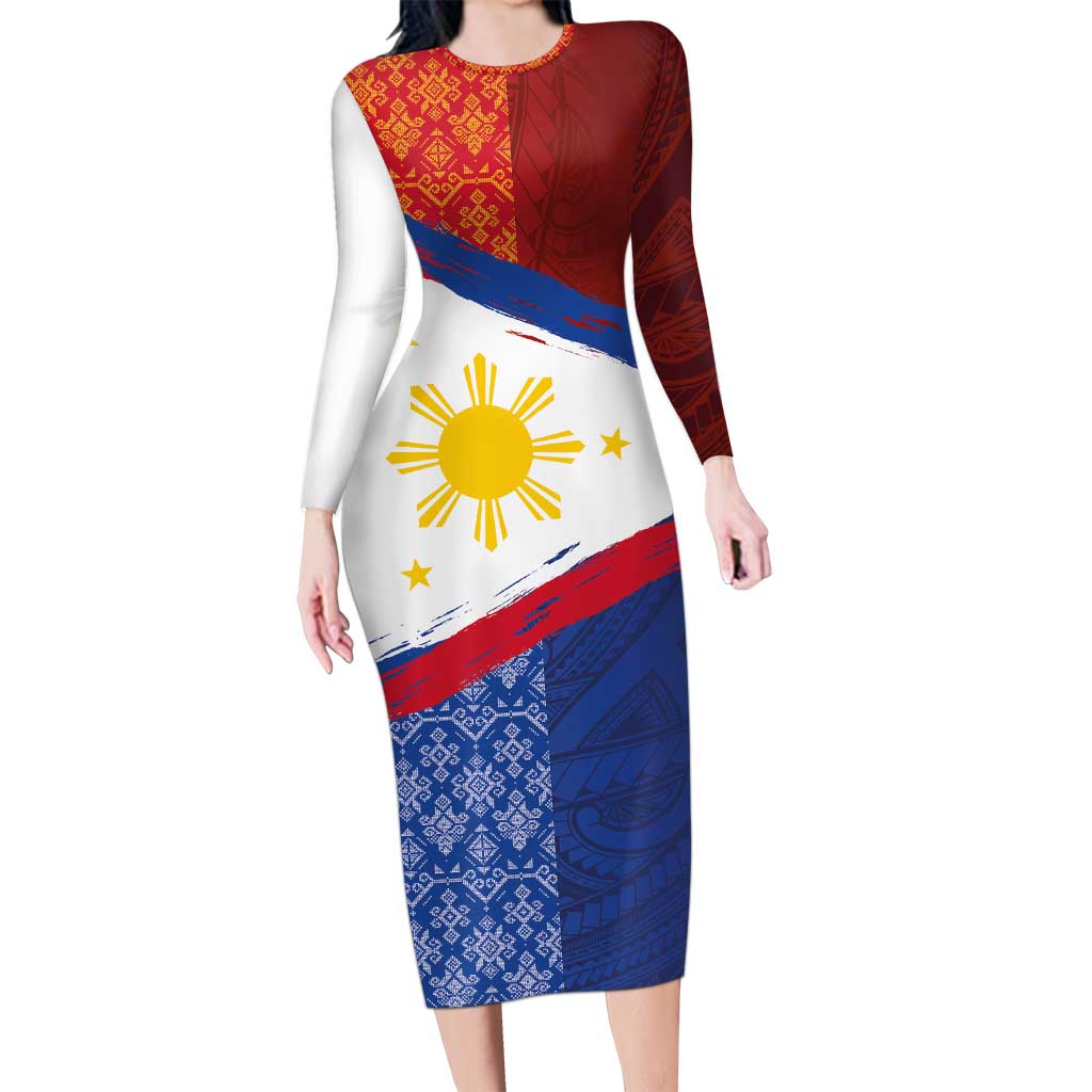 Philippines National Flag Day Long Sleeve Bodycon Dress Polynesian and Yakan Tattoo Brush Style