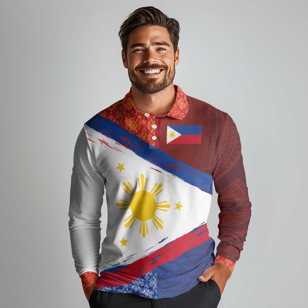 Philippines National Flag Day Long Sleeve Polo Shirt Polynesian and Yakan Tattoo Brush Style