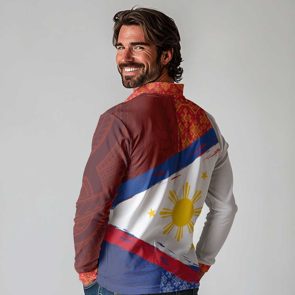 Philippines National Flag Day Long Sleeve Polo Shirt Polynesian and Yakan Tattoo Brush Style
