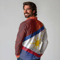 Philippines National Flag Day Long Sleeve Polo Shirt Polynesian and Yakan Tattoo Brush Style
