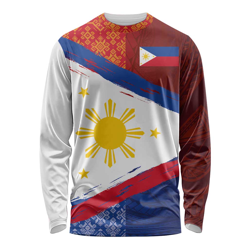 Philippines National Flag Day Long Sleeve Shirt Polynesian and Yakan Tattoo Brush Style