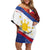 Philippines National Flag Day Off Shoulder Short Dress Polynesian and Yakan Tattoo Brush Style