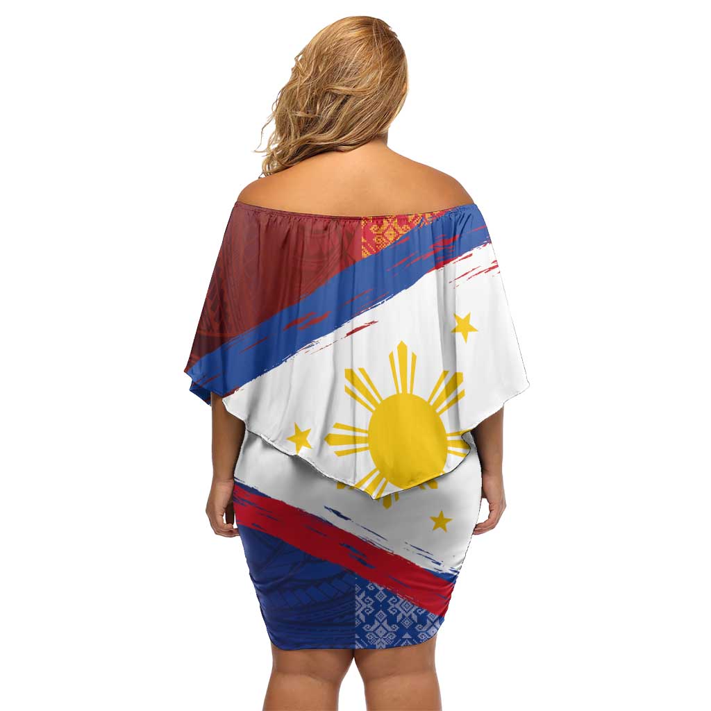 Philippines National Flag Day Off Shoulder Short Dress Polynesian and Yakan Tattoo Brush Style