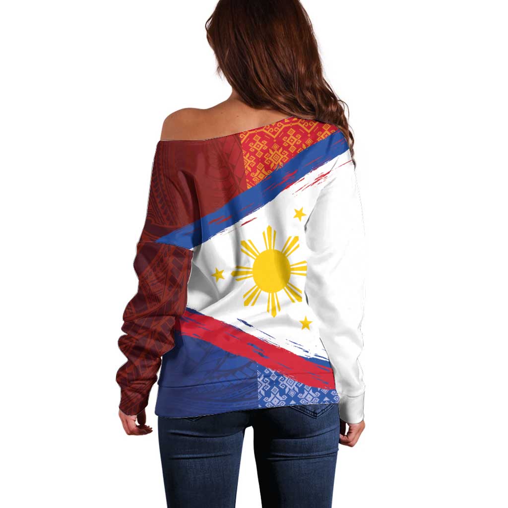 Philippines National Flag Day Off Shoulder Sweater Polynesian and Yakan Tattoo Brush Style