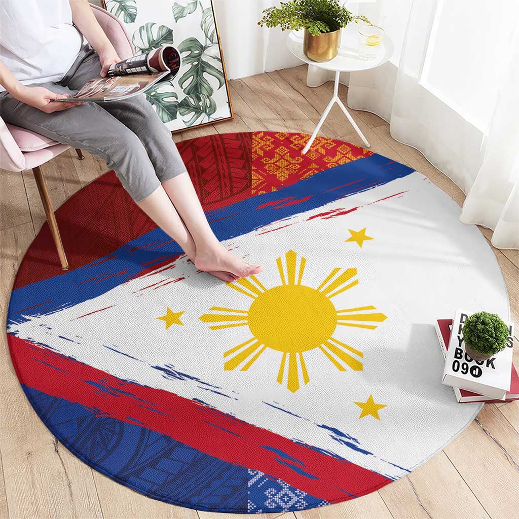 Philippines National Flag Day Round Carpet Polynesian and Yakan Tattoo Brush Style