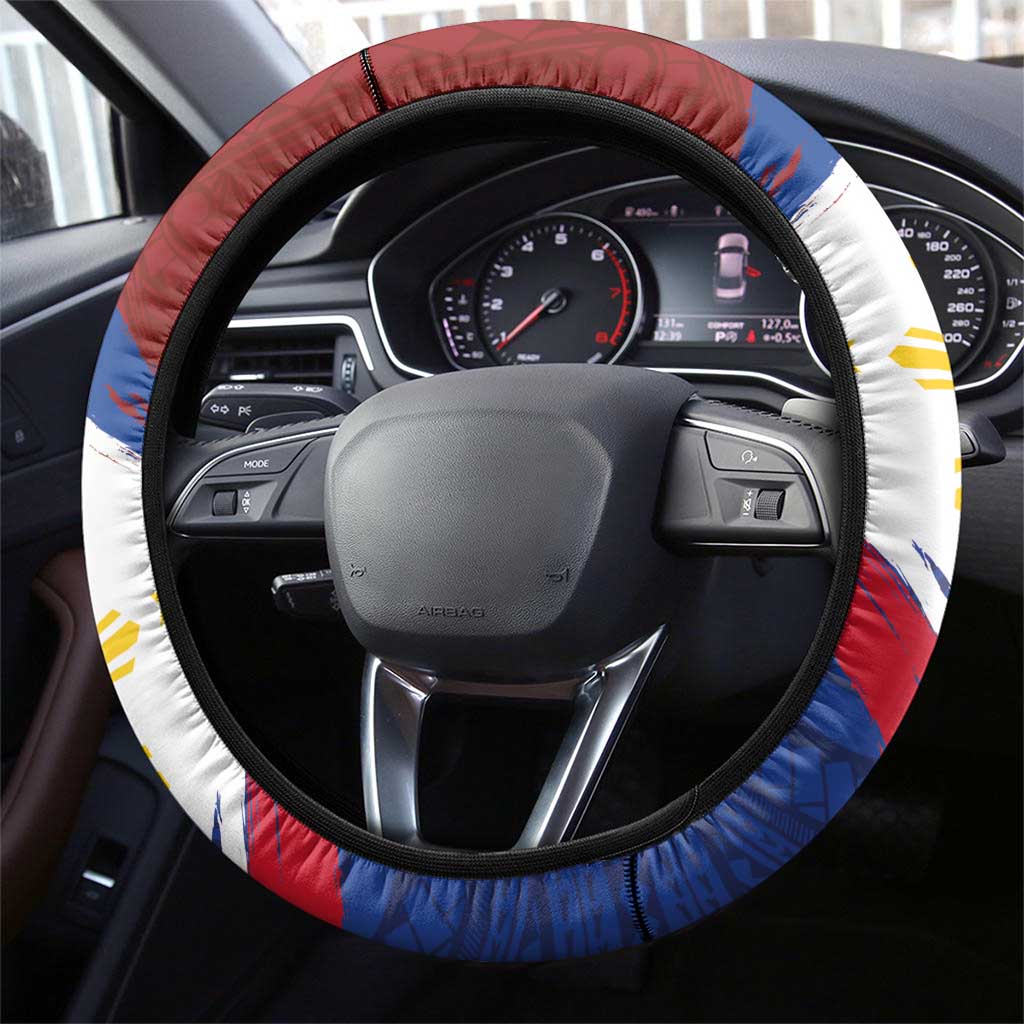 Philippines National Flag Day Steering Wheel Cover Polynesian and Yakan Tattoo Brush Style