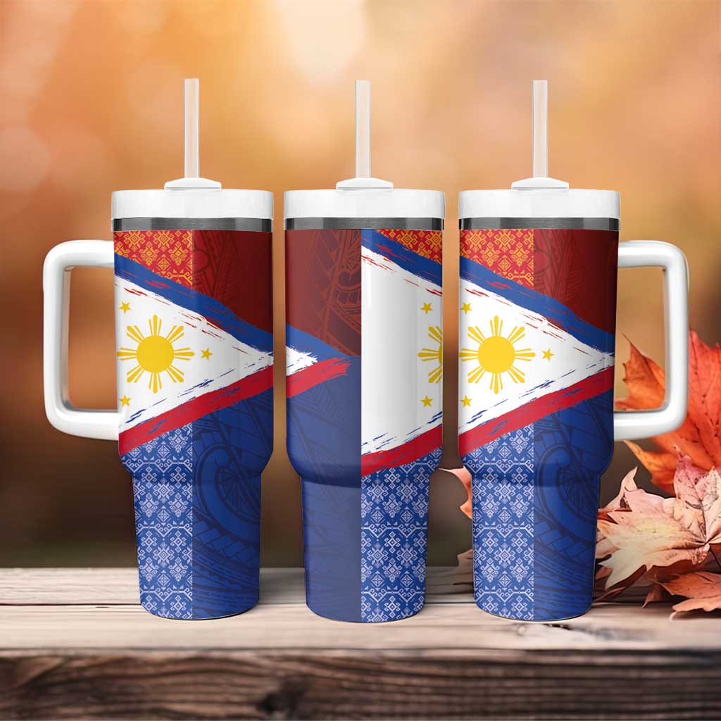 Philippines National Flag Day Tumbler With Handle Polynesian and Yakan Tattoo Brush Style