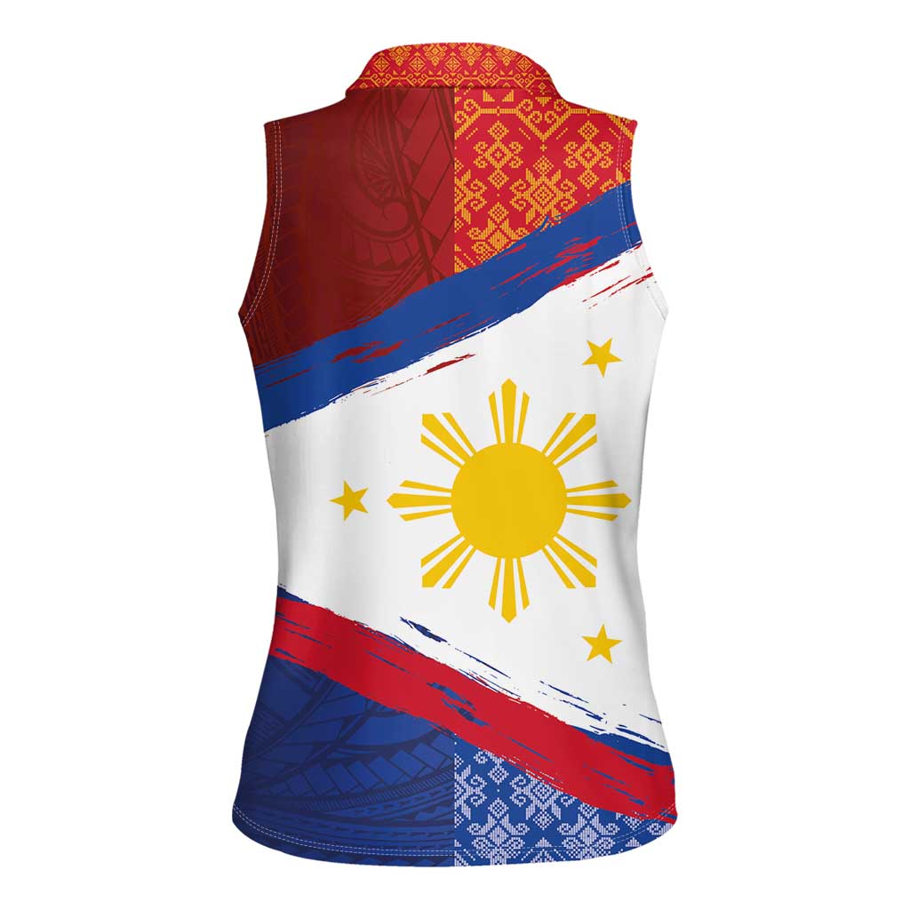 Philippines National Flag Day Women Sleeveless Polo Shirt Polynesian and Yakan Tattoo Brush Style