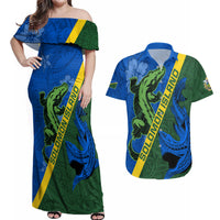 Solomon Island Crocodile and Shark Couples Matching Off Shoulder Maxi Dress and Hawaiian Shirt Polynesian Pattern
