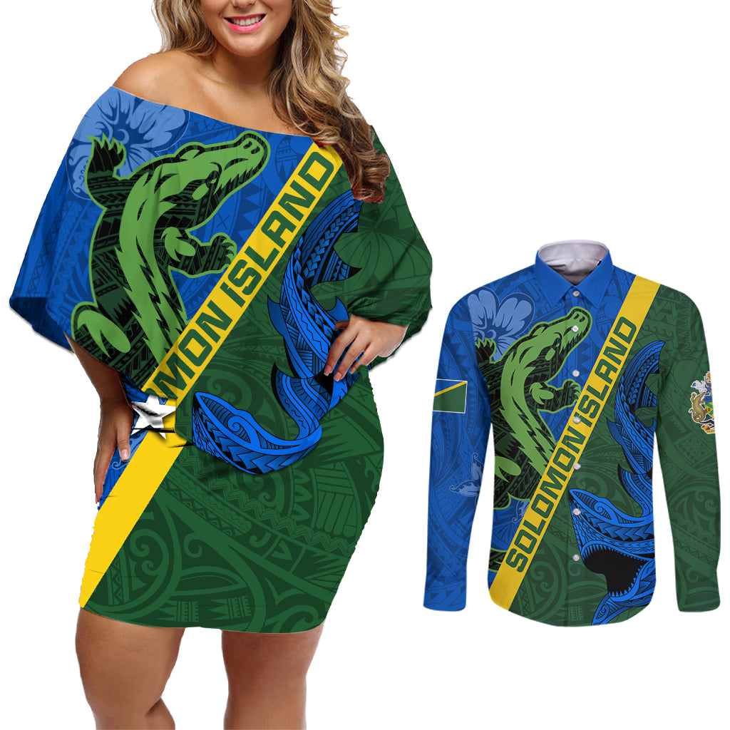 Solomon Island Crocodile and Shark Couples Matching Off Shoulder Short Dress and Long Sleeve Button Shirt Polynesian Pattern