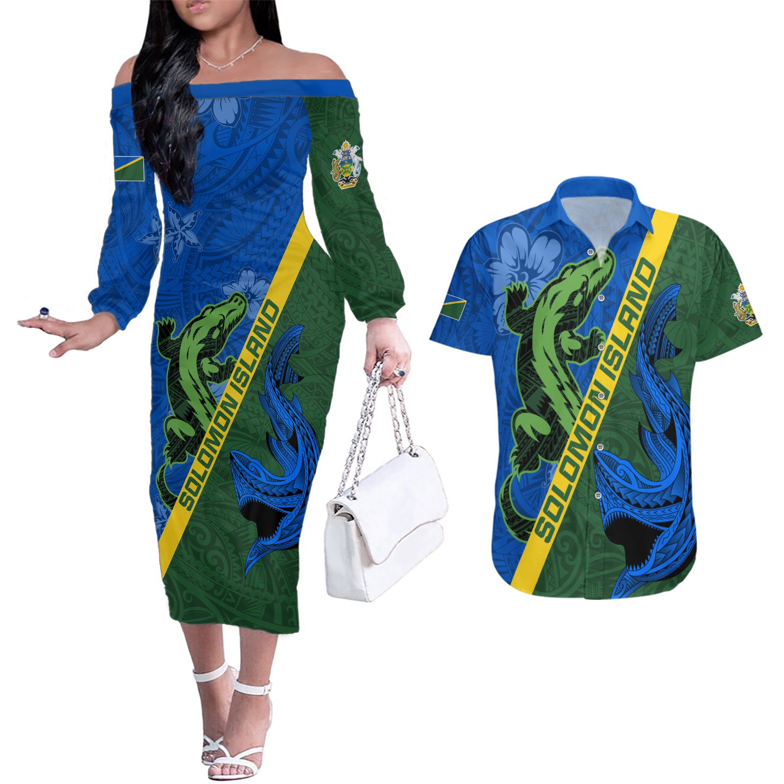 Solomon Island Crocodile and Shark Couples Matching Off The Shoulder Long Sleeve Dress and Hawaiian Shirt Polynesian Pattern