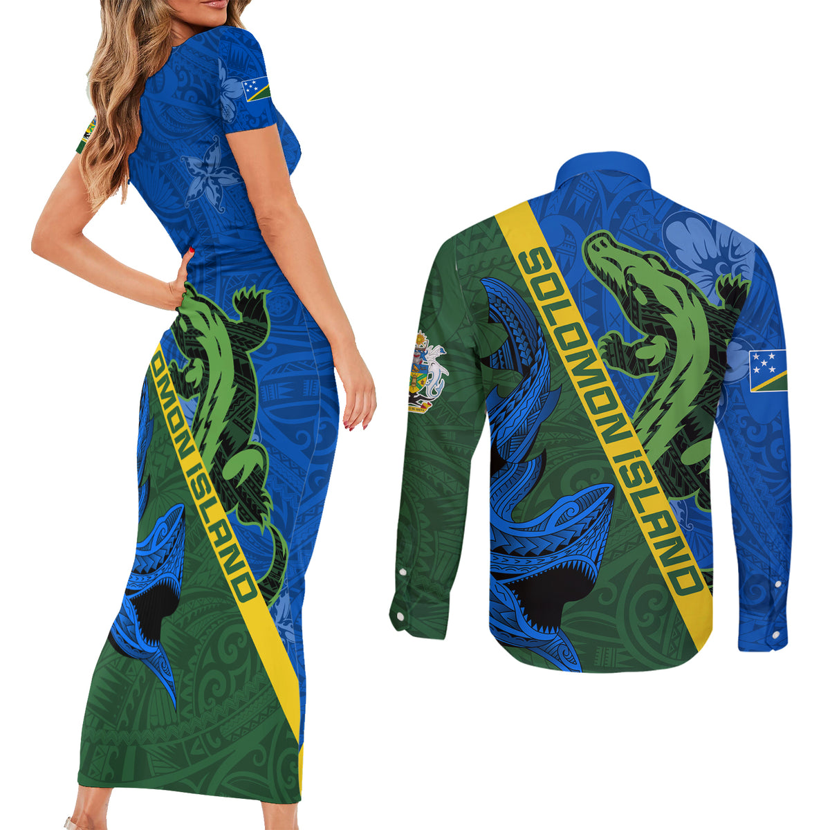 Solomon Island Crocodile and Shark Couples Matching Short Sleeve Bodycon Dress and Long Sleeve Button Shirt Polynesian Pattern