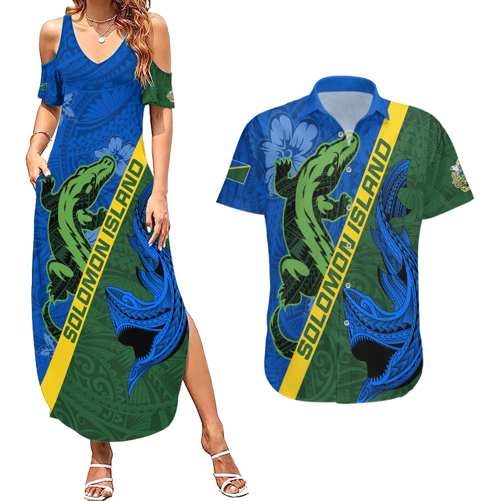 Solomon Island Crocodile and Shark Couples Matching Summer Maxi Dress and Hawaiian Shirt Polynesian Pattern