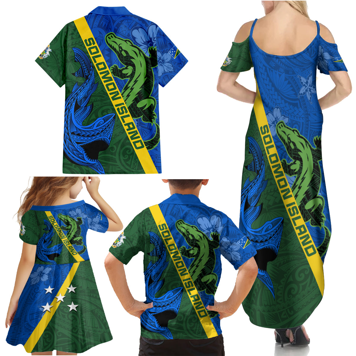 Solomon Island Crocodile and Shark Family Matching Summer Maxi Dress and Hawaiian Shirt Polynesian Pattern