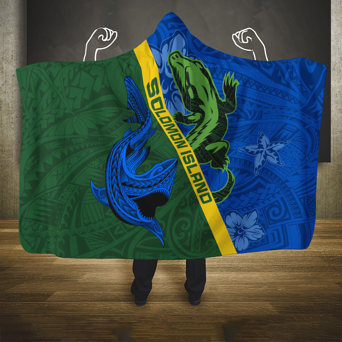 Solomon Island Crocodile and Shark Hooded Blanket Polynesian Pattern LT03 One Size Blue - Polynesian Pride