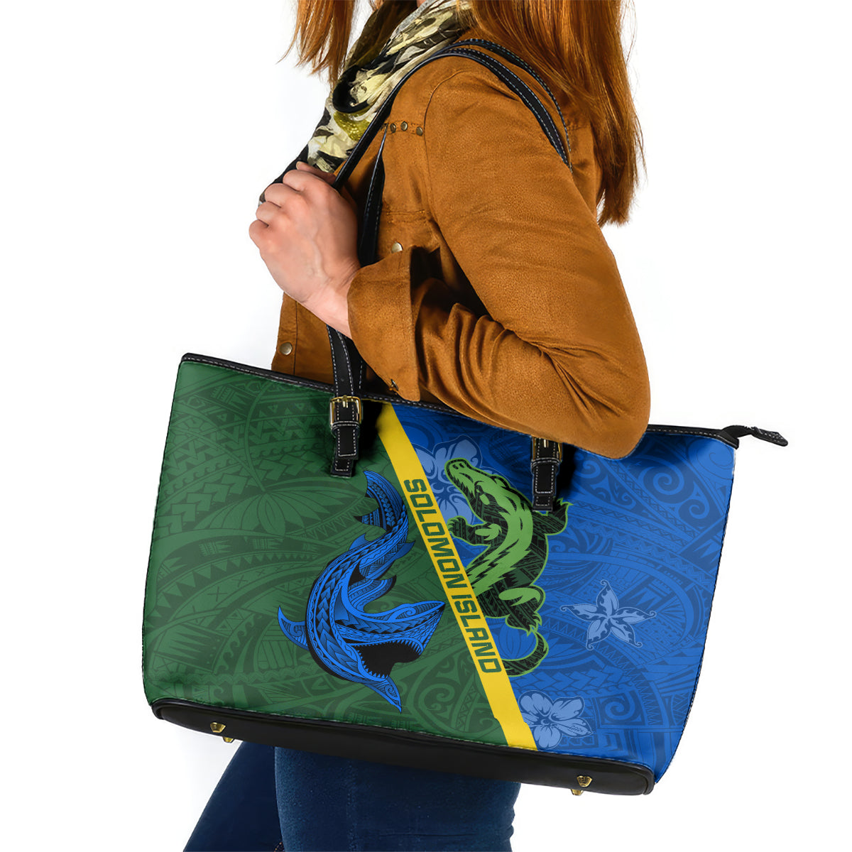 Solomon Island Crocodile and Shark Leather Tote Bag Polynesian Pattern