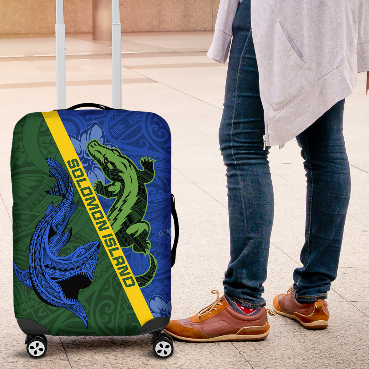 Solomon Island Crocodile and Shark Luggage Cover Polynesian Pattern LT03 Blue - Polynesian Pride