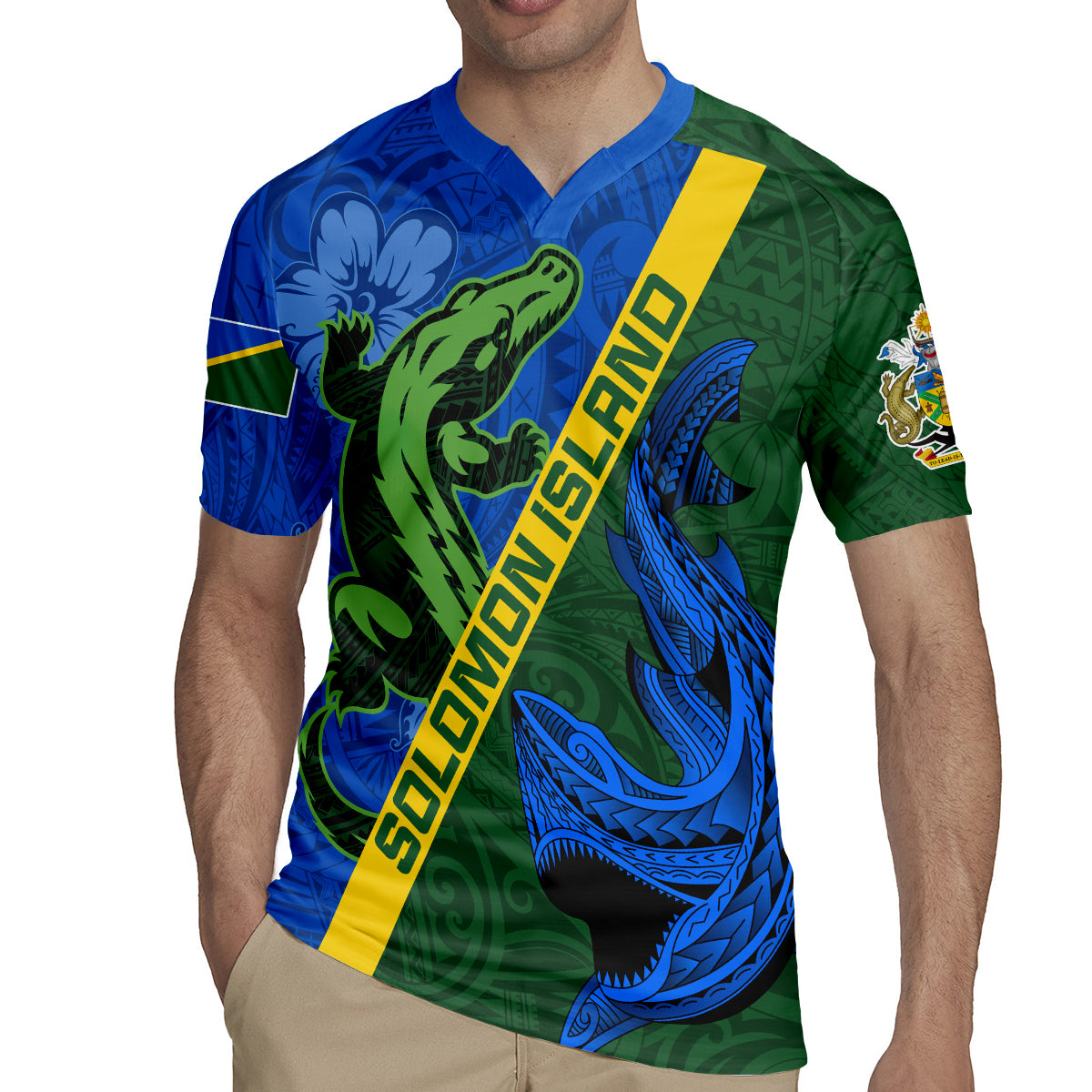 Solomon Island Crocodile and Shark Rugby Jersey Polynesian Pattern