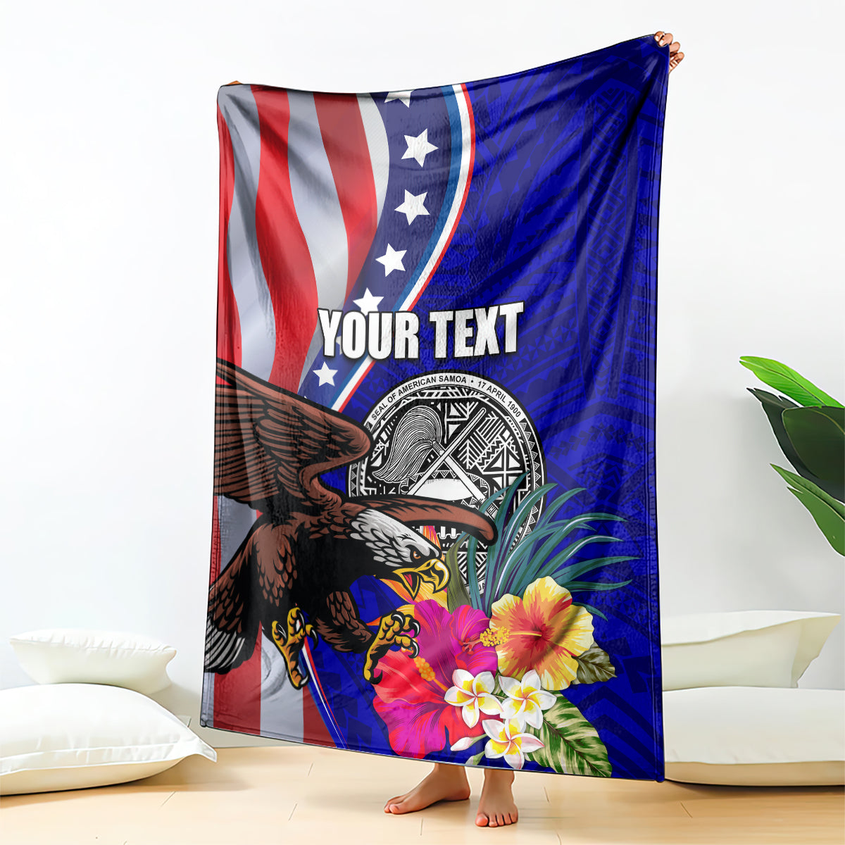 Personalised American Samoa and United States Blanket Bald Eagle and Seal Hibiscus Polynesian Pattern