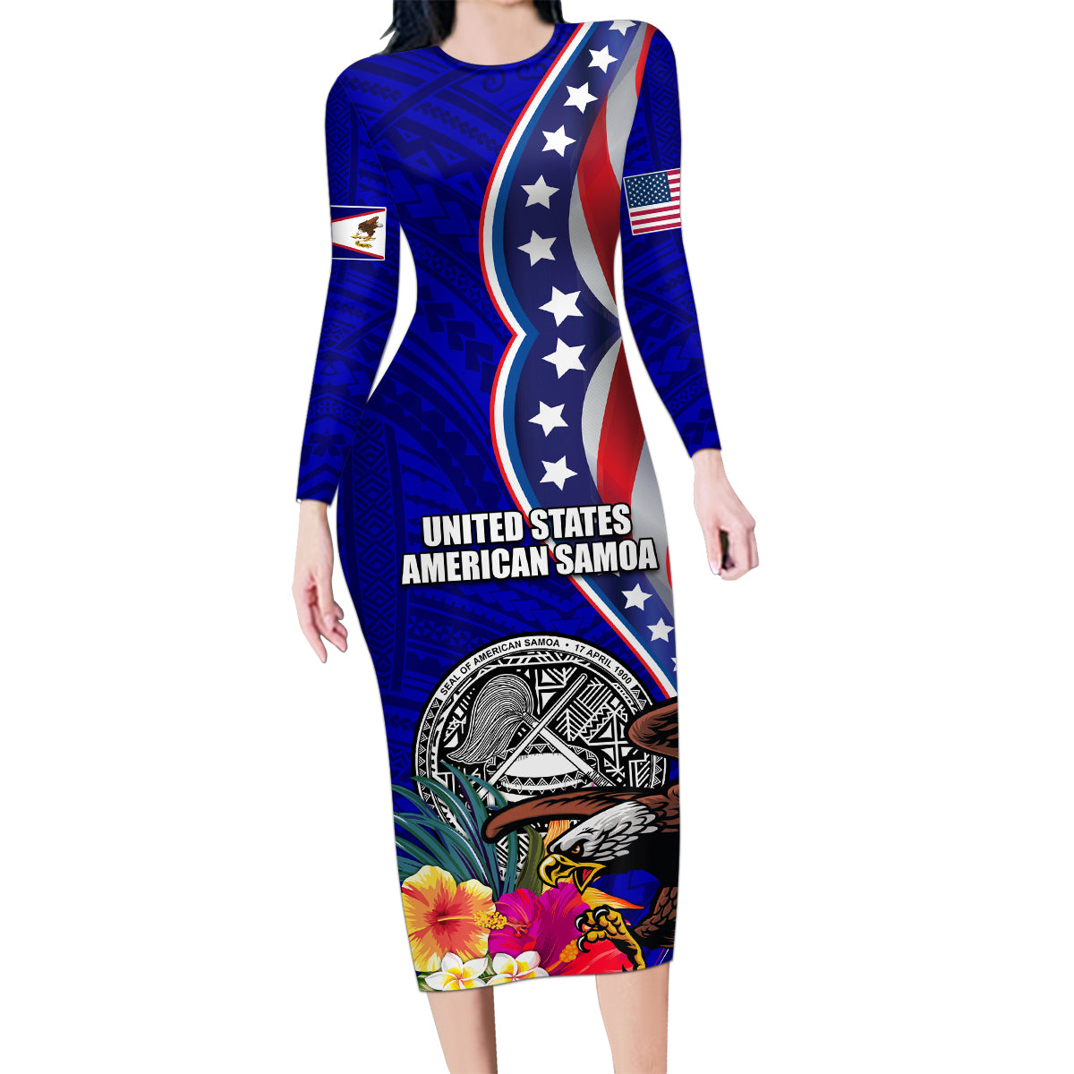 Personalised American Samoa and United States Family Matching Long Sleeve Bodycon Dress and Hawaiian Shirt Bald Eagle and Seal Hibiscus Polynesian Pattern