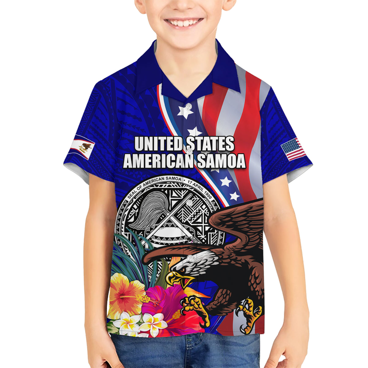 Personalised American Samoa and United States Family Matching Short Sleeve Bodycon Dress and Hawaiian Shirt Bald Eagle and Seal Hibiscus Polynesian Pattern