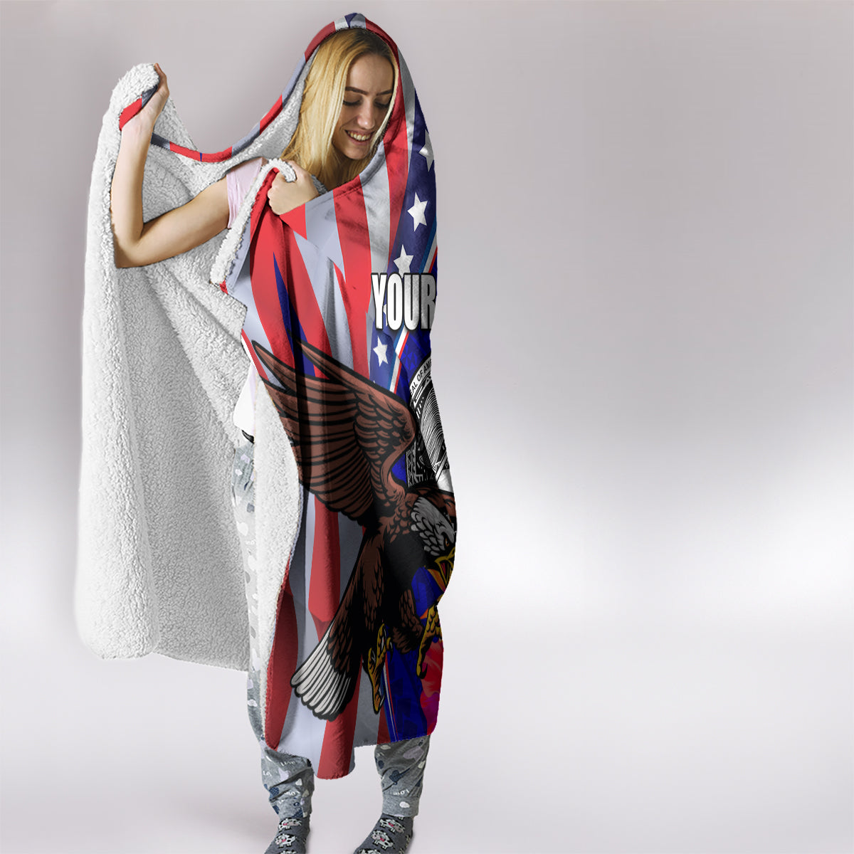 Personalised American Samoa and United States Hooded Blanket Bald Eagle and Seal Hibiscus Polynesian Pattern
