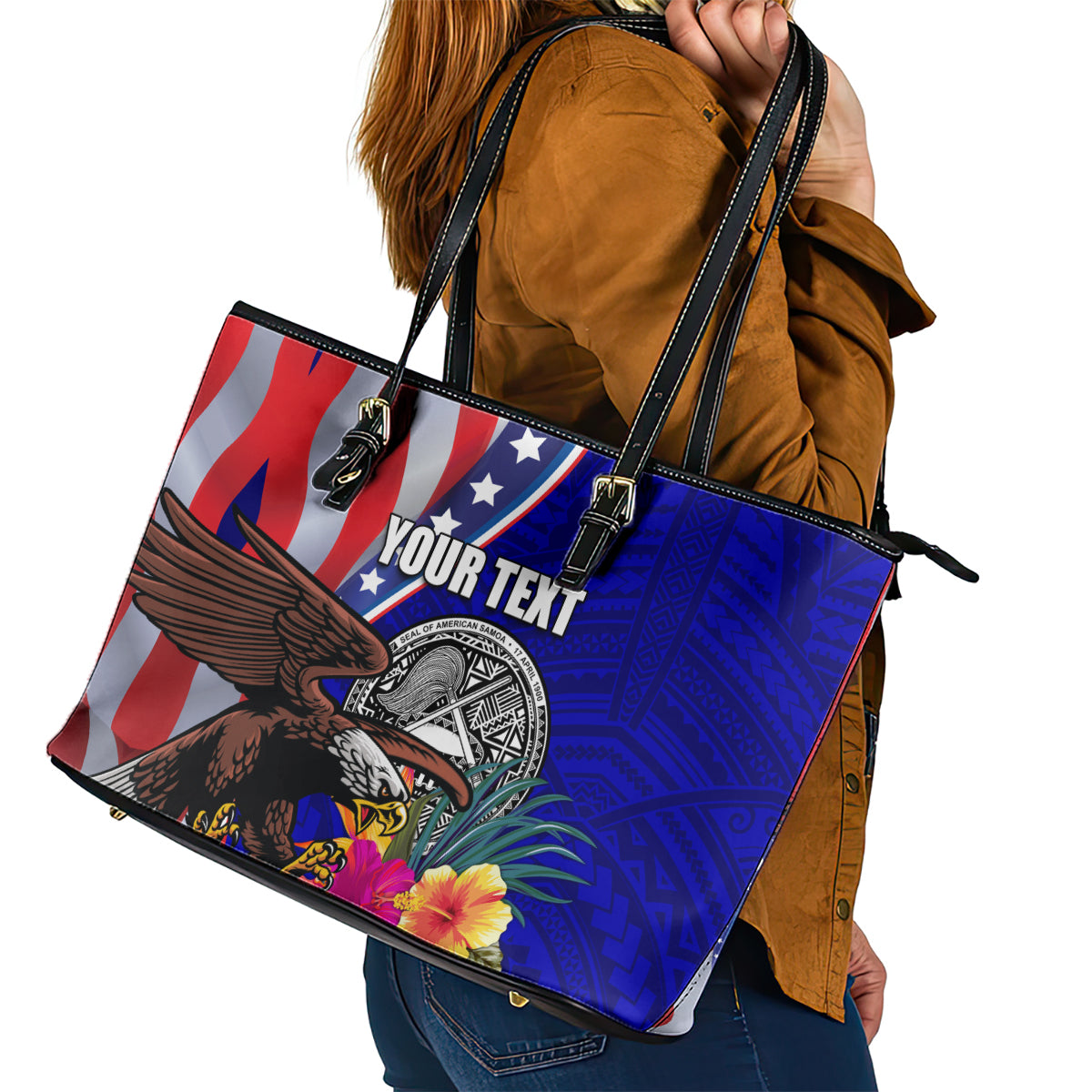 Personalised American Samoa and United States Leather Tote Bag Bald Eagle and Seal Hibiscus Polynesian Pattern