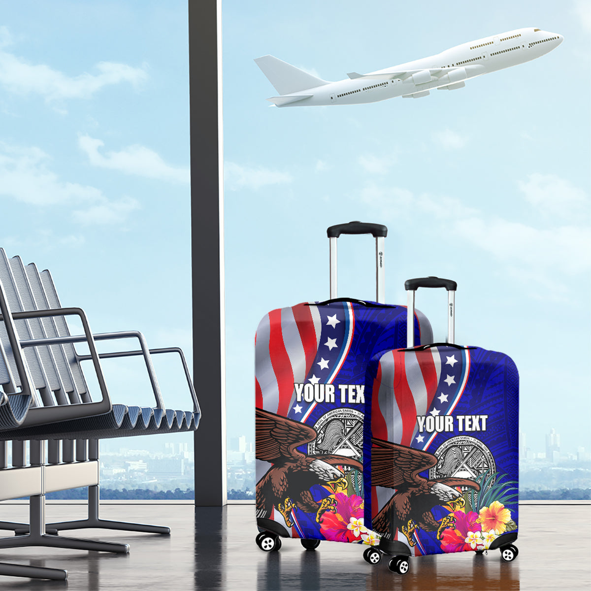 Personalised American Samoa and United States Luggage Cover Bald Eagle and Seal Hibiscus Polynesian Pattern
