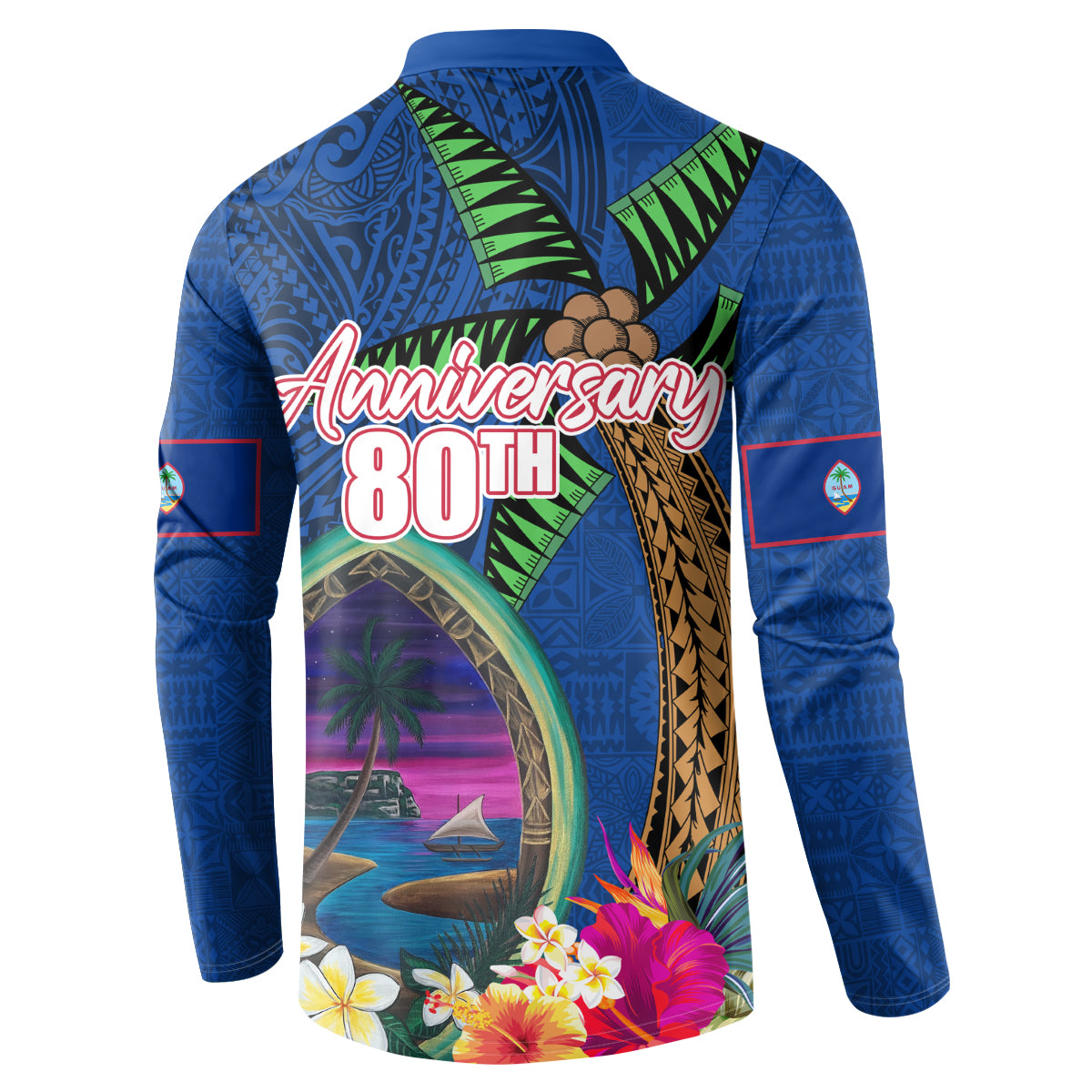 Guam Liberation Day 80th Anniversary Button Sweatshirt Palm Tree and Seal Artwork Hibiscus Polynesian Pattern