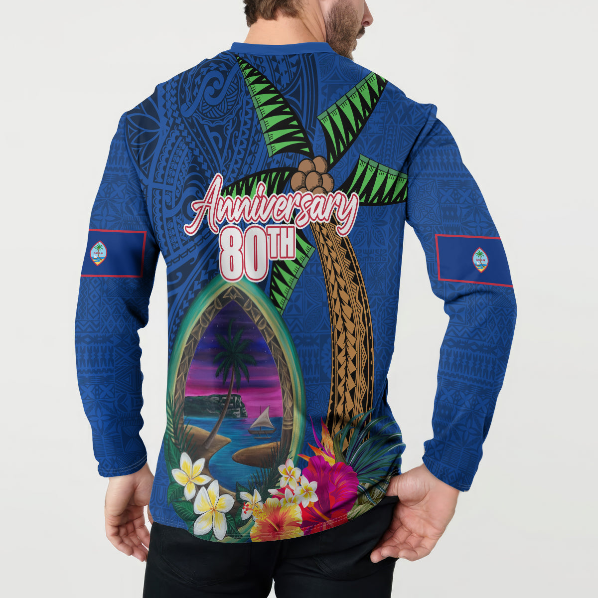 Guam Liberation Day 80th Anniversary Button Sweatshirt Palm Tree and Seal Artwork Hibiscus Polynesian Pattern