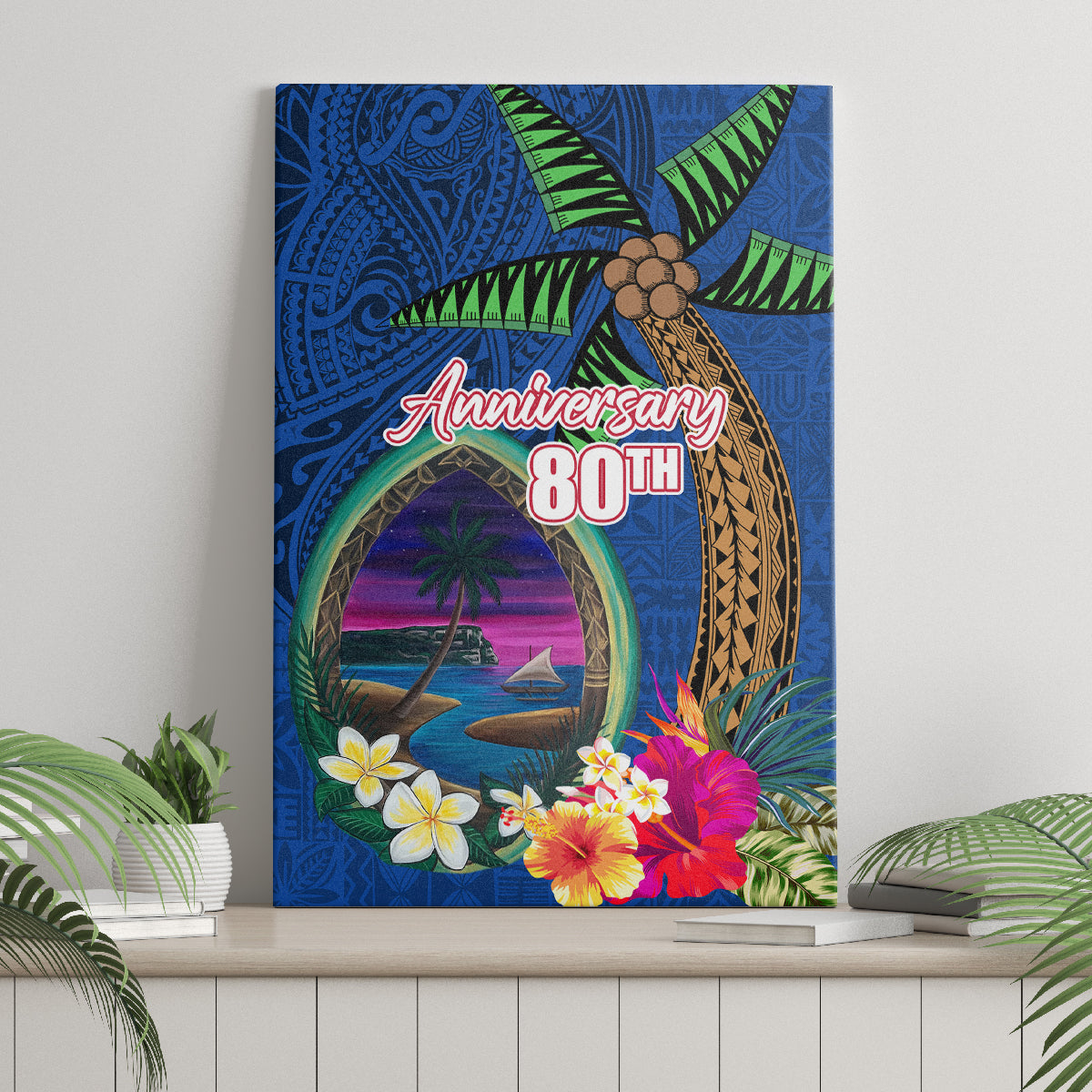 Guam Liberation Day 80th Anniversary Canvas Wall Art Palm Tree and Seal Artwork Hibiscus Polynesian Pattern